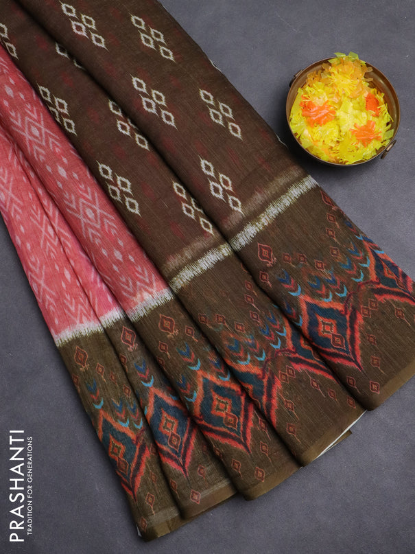 Semi linen saree peach shade and sap green with allover ikat prints and long printed border