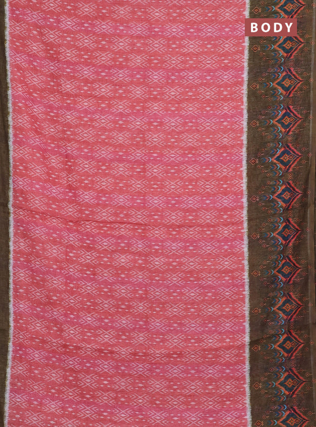 Semi linen saree peach shade and sap green with allover ikat prints and long printed border
