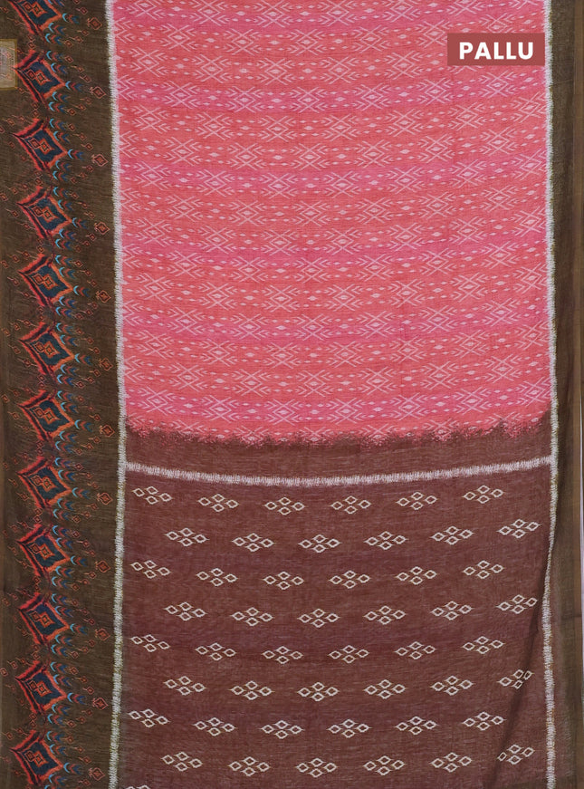 Semi linen saree peach shade and sap green with allover ikat prints and long printed border