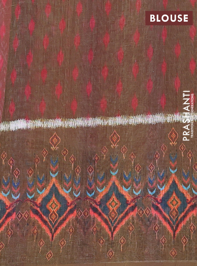 Semi linen saree peach shade and sap green with allover ikat prints and long printed border