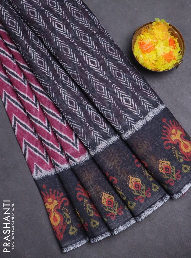 Semi linen saree mauve pink and elephant grey with allover zig zag ikat prints and long printed border