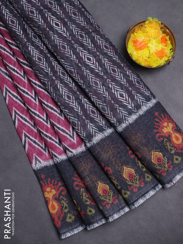 Semi linen saree mauve pink and elephant grey with allover zig zag ikat prints and long printed border