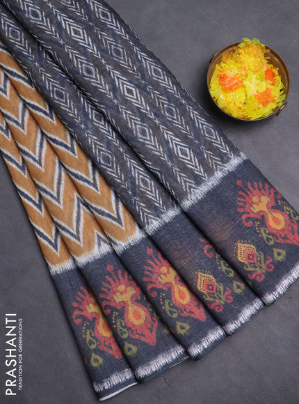 Semi linen saree dark mustard and elephant grey with allover zig zag ikat prints and long printed border