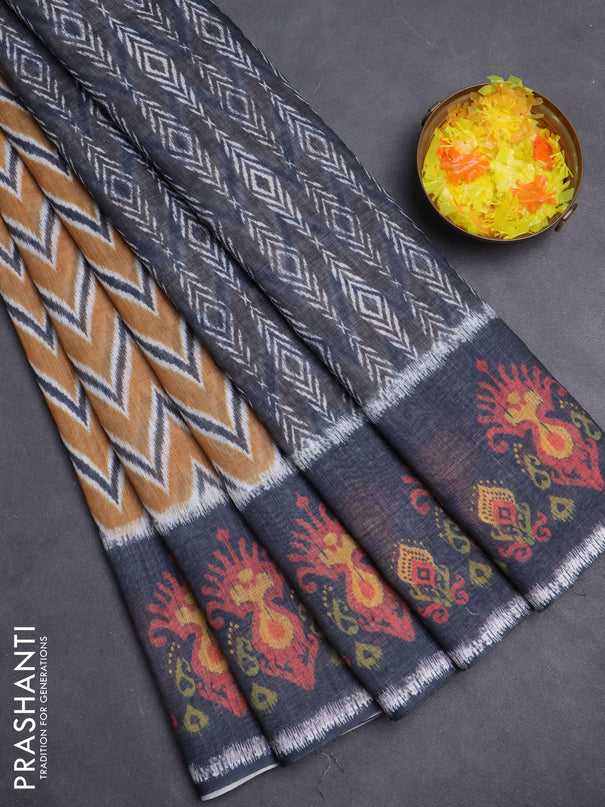 Semi linen saree dark mustard and elephant grey with allover zig zag ikat prints and long printed border