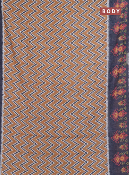 Semi linen saree dark mustard and elephant grey with allover zig zag ikat prints and long printed border