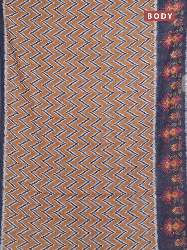 Semi linen saree dark mustard and elephant grey with allover zig zag ikat prints and long printed border