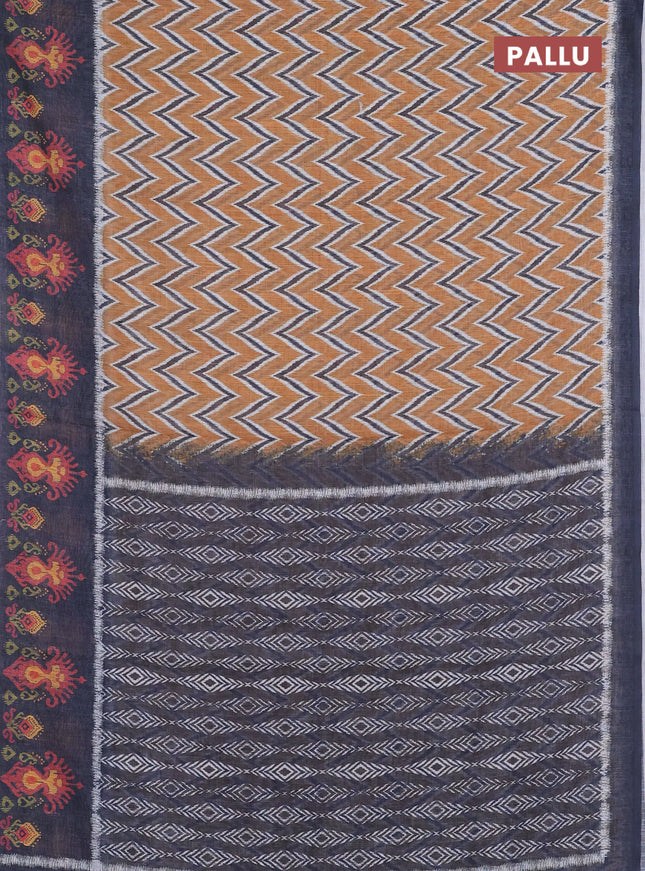 Semi linen saree dark mustard and elephant grey with allover zig zag ikat prints and long printed border