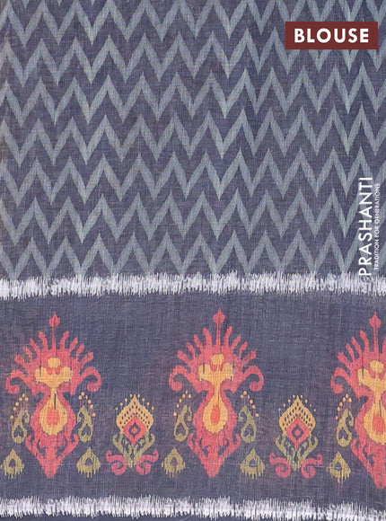 Semi linen saree dark mustard and elephant grey with allover zig zag ikat prints and long printed border