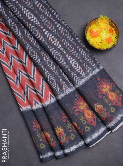Semi linen saree rustic orange and elephant grey with allover zig zag ikat prints and long printed border