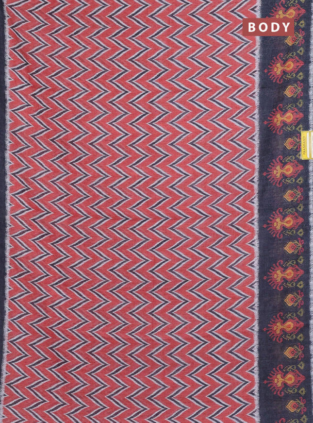 Semi linen saree rustic orange and elephant grey with allover zig zag ikat prints and long printed border