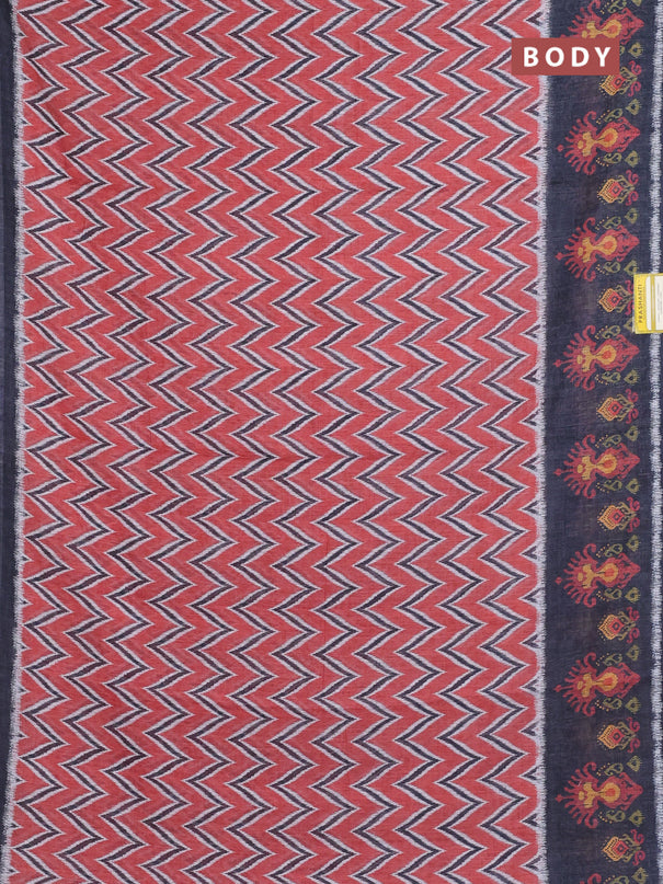 Semi linen saree rustic orange and elephant grey with allover zig zag ikat prints and long printed border