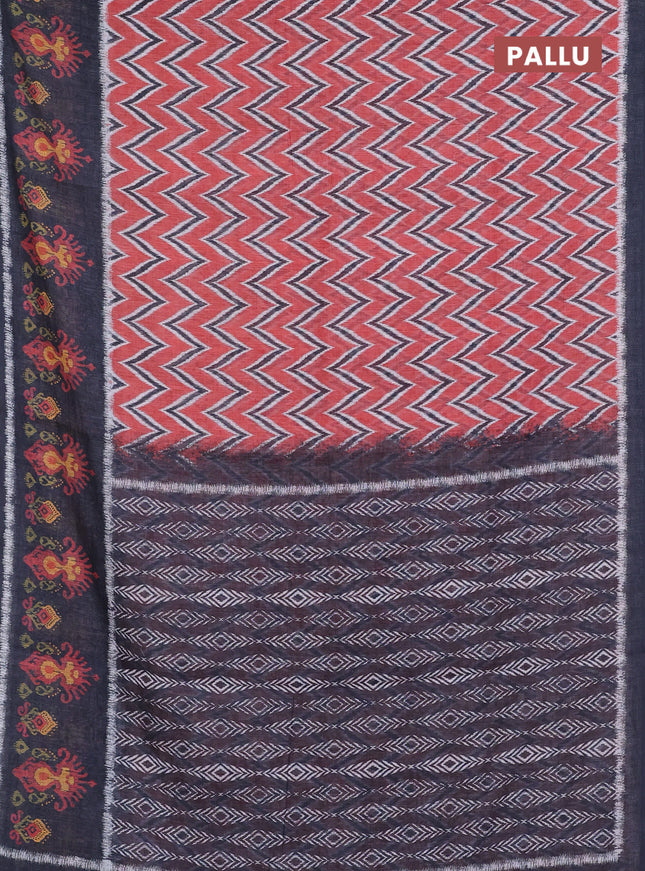 Semi linen saree rustic orange and elephant grey with allover zig zag ikat prints and long printed border