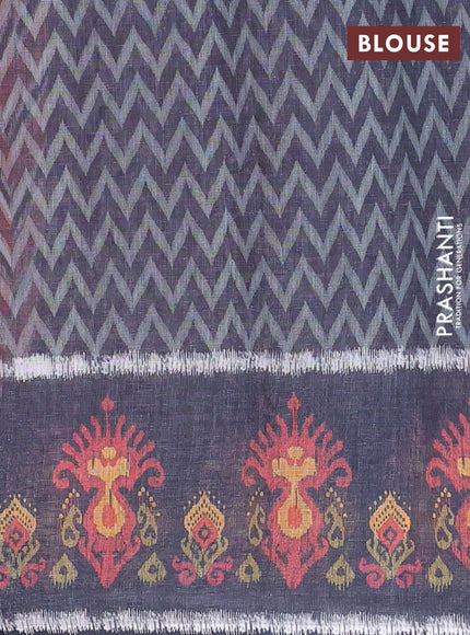 Semi linen saree rustic orange and elephant grey with allover zig zag ikat prints and long printed border