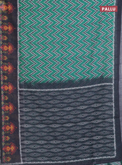 Semi linen saree teal green and elephant grey with allover zig zag ikat prints and long printed border