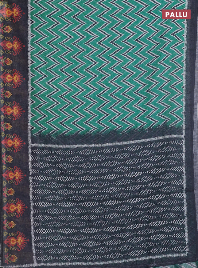 Semi linen saree teal green and elephant grey with allover zig zag ikat prints and long printed border