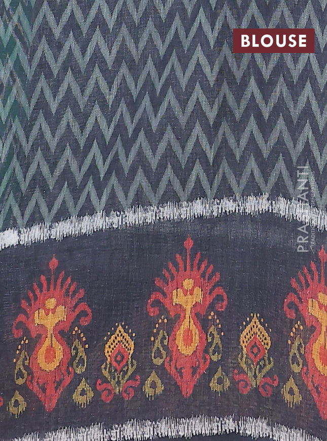 Semi linen saree teal green and elephant grey with allover zig zag ikat prints and long printed border