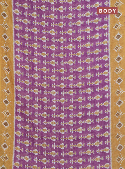 Semi linen saree purple and dark mustard with allover ikat prints and long printed border