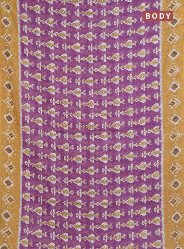 Semi linen saree purple and dark mustard with allover ikat prints and long printed border