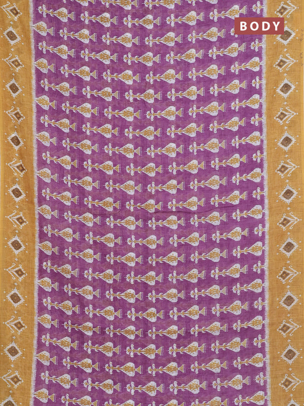 Semi linen saree purple and dark mustard with allover ikat prints and long printed border