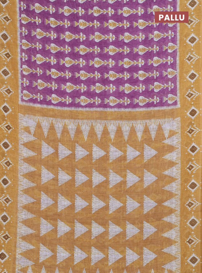 Semi linen saree purple and dark mustard with allover ikat prints and long printed border