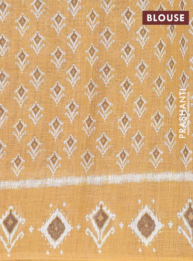 Semi linen saree purple and dark mustard with allover ikat prints and long printed border