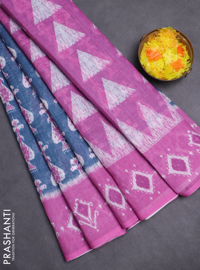 Semi linen saree bluish grey and pink with allover ikat prints and long printed border