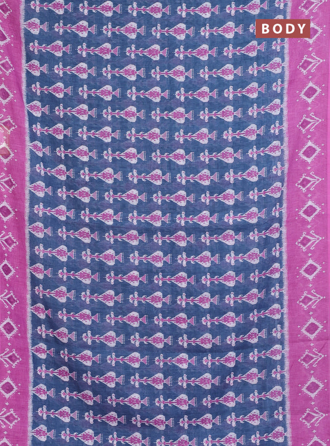 Semi linen saree bluish grey and pink with allover ikat prints and long printed border