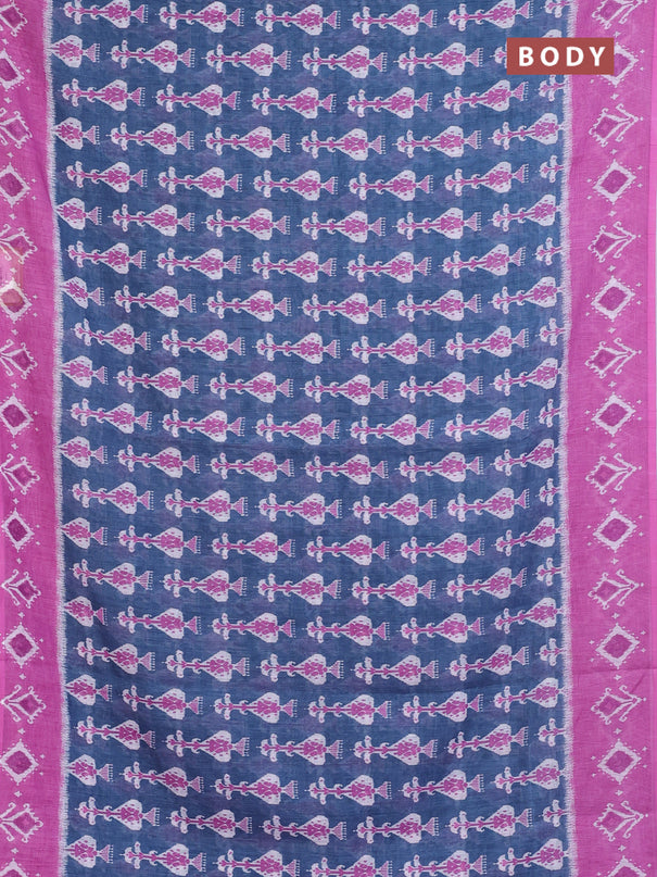 Semi linen saree bluish grey and pink with allover ikat prints and long printed border