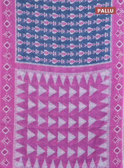 Semi linen saree bluish grey and pink with allover ikat prints and long printed border