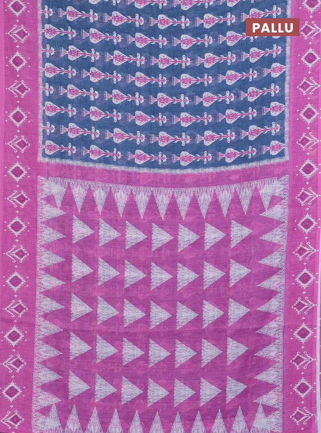 Semi linen saree bluish grey and pink with allover ikat prints and long printed border