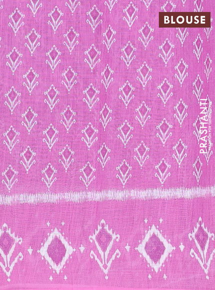 Semi linen saree bluish grey and pink with allover ikat prints and long printed border