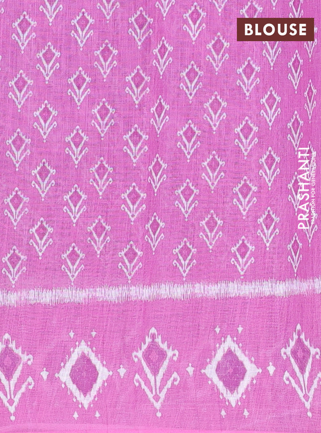 Semi linen saree bluish grey and pink with allover ikat prints and long printed border