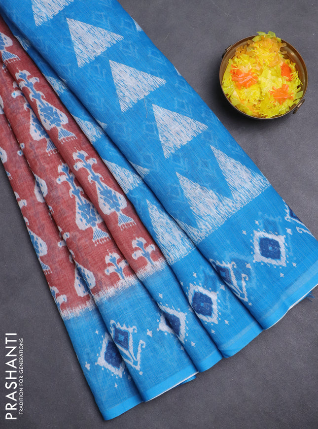 Semi linen saree brown and blue with allover ikat prints and long printed border