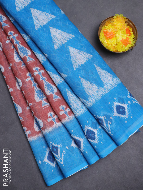 Semi linen saree brown and blue with allover ikat prints and long printed border