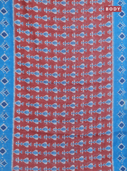 Semi linen saree brown and blue with allover ikat prints and long printed border