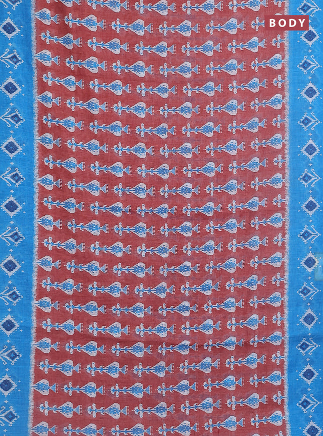 Semi linen saree brown and blue with allover ikat prints and long printed border