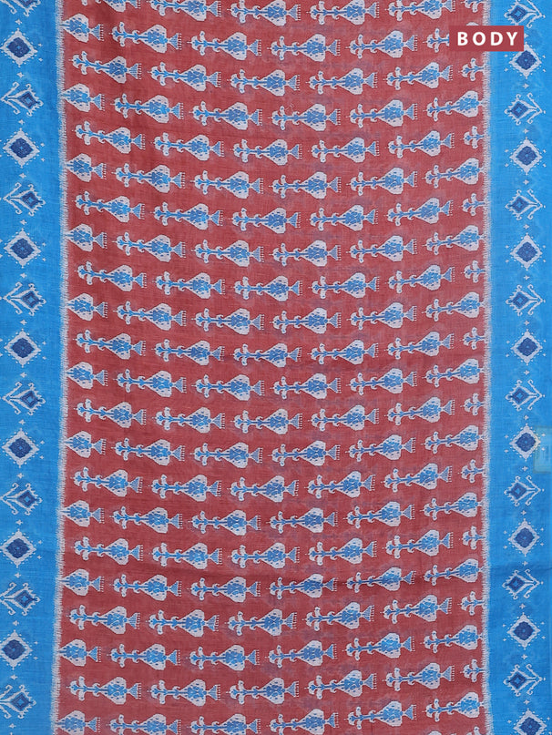 Semi linen saree brown and blue with allover ikat prints and long printed border