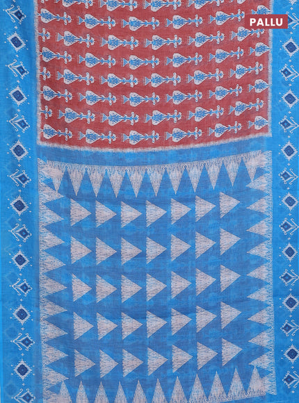 Semi linen saree brown and blue with allover ikat prints and long printed border