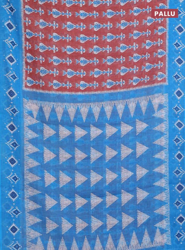 Semi linen saree brown and blue with allover ikat prints and long printed border