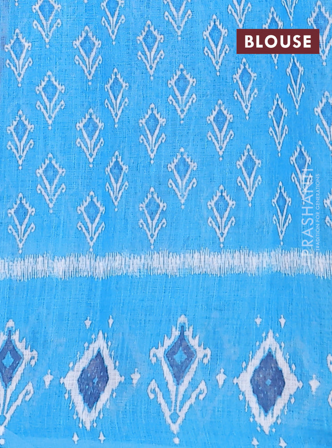 Semi linen saree brown and blue with allover ikat prints and long printed border