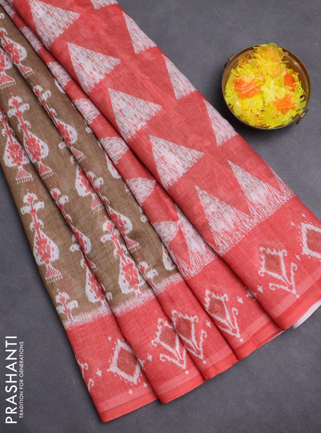 Semi linen saree pastel beown and peach orange with allover ikat prints and long printed border