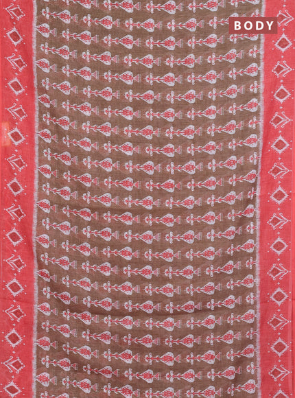 Semi linen saree pastel beown and peach orange with allover ikat prints and long printed border