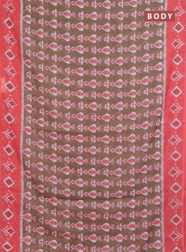 Semi linen saree pastel beown and peach orange with allover ikat prints and long printed border