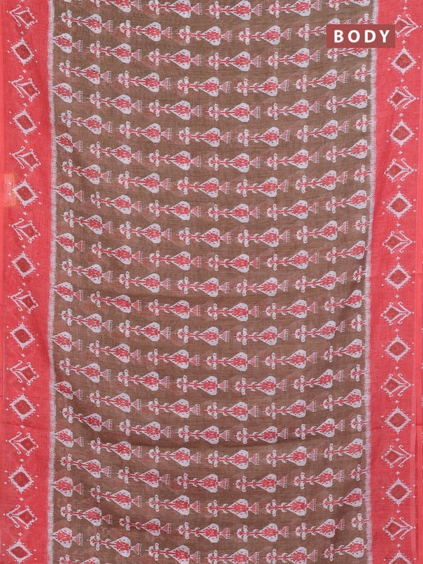 Semi linen saree pastel beown and peach orange with allover ikat prints and long printed border