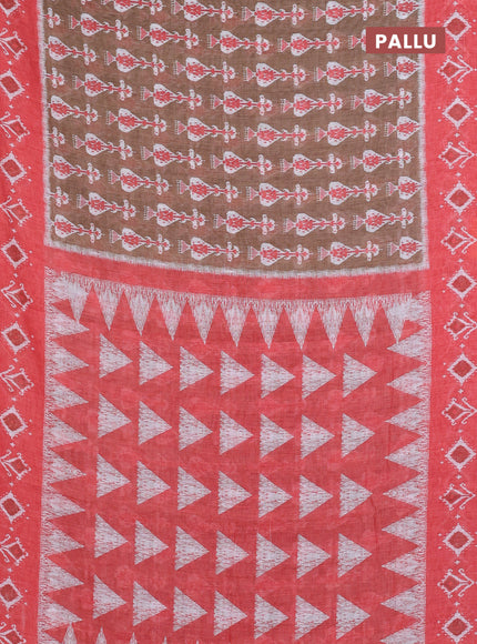 Semi linen saree pastel beown and peach orange with allover ikat prints and long printed border