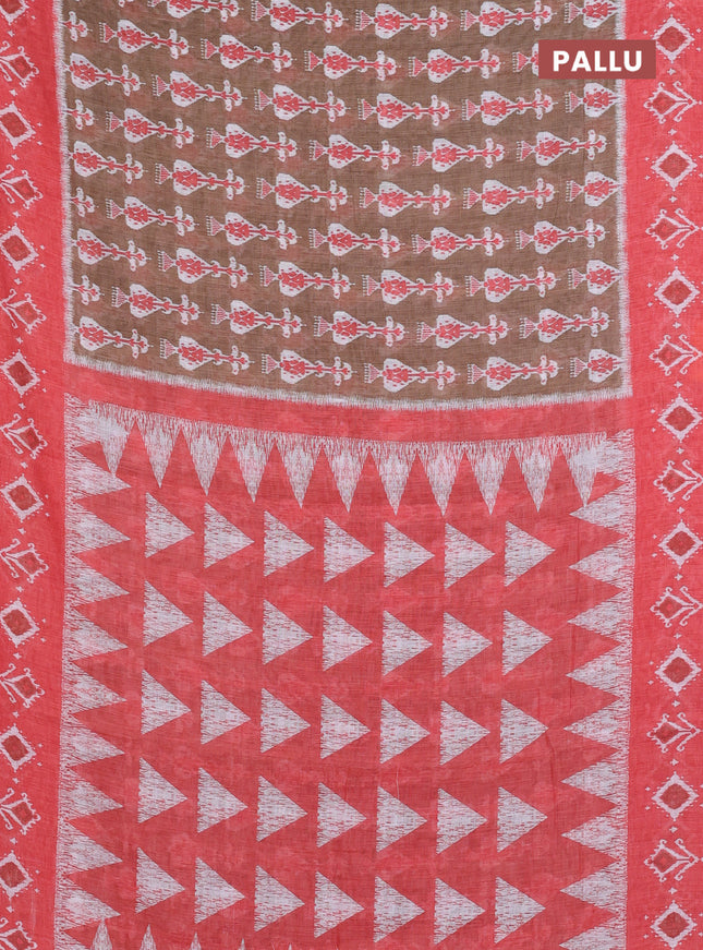 Semi linen saree pastel beown and peach orange with allover ikat prints and long printed border