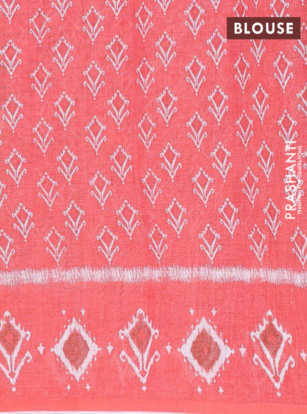 Semi linen saree pastel beown and peach orange with allover ikat prints and long printed border