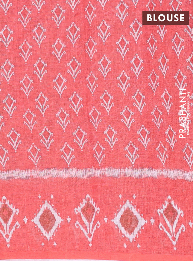 Semi linen saree pastel beown and peach orange with allover ikat prints and long printed border