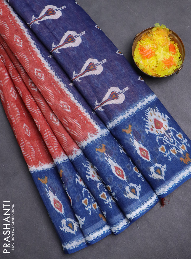 Semi linen saree rustic orange and blue with allover ikat prints and long printed border