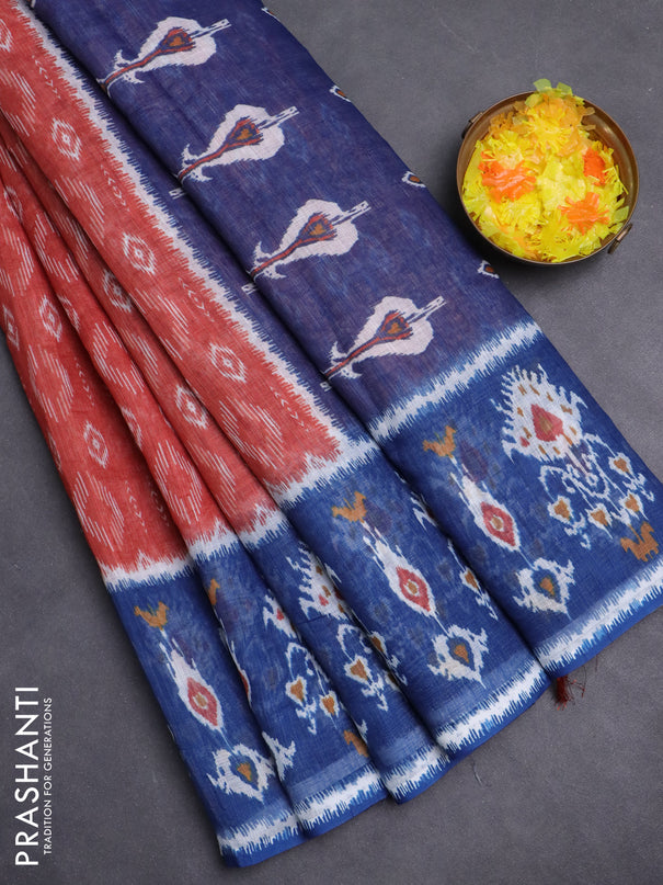 Semi linen saree rustic orange and blue with allover ikat prints and long printed border